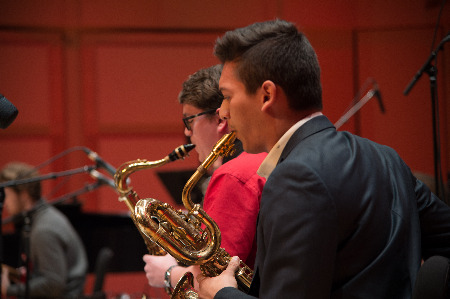 Two ISU students playing the saxophone.