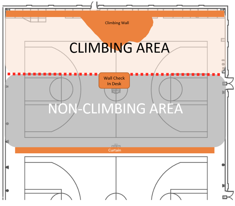 Climbing wall area with non-climbing area marked