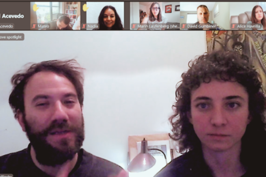 Film directors Sofía Jallinsky and Juan Pablo Basovih Marinaro meet with students via Zoom