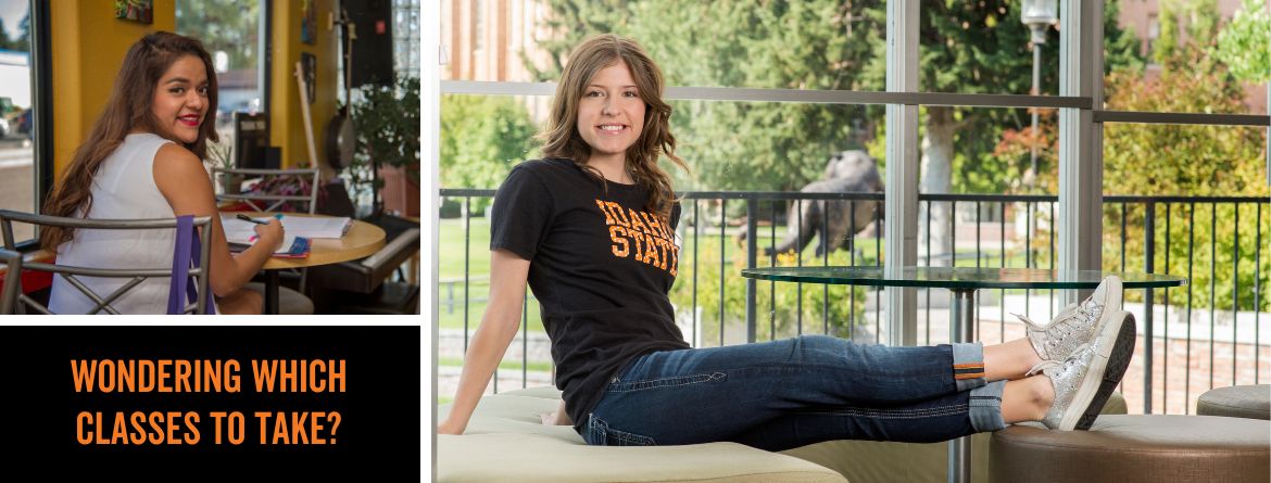 Wondering which classes to take? Photo of student smiling, and student working on a paper.