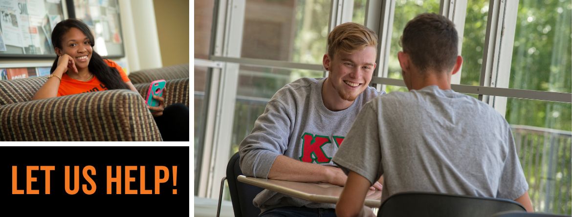 Let us help! Girl smiling on a couch, two college students talking at a table in the Student Union Building