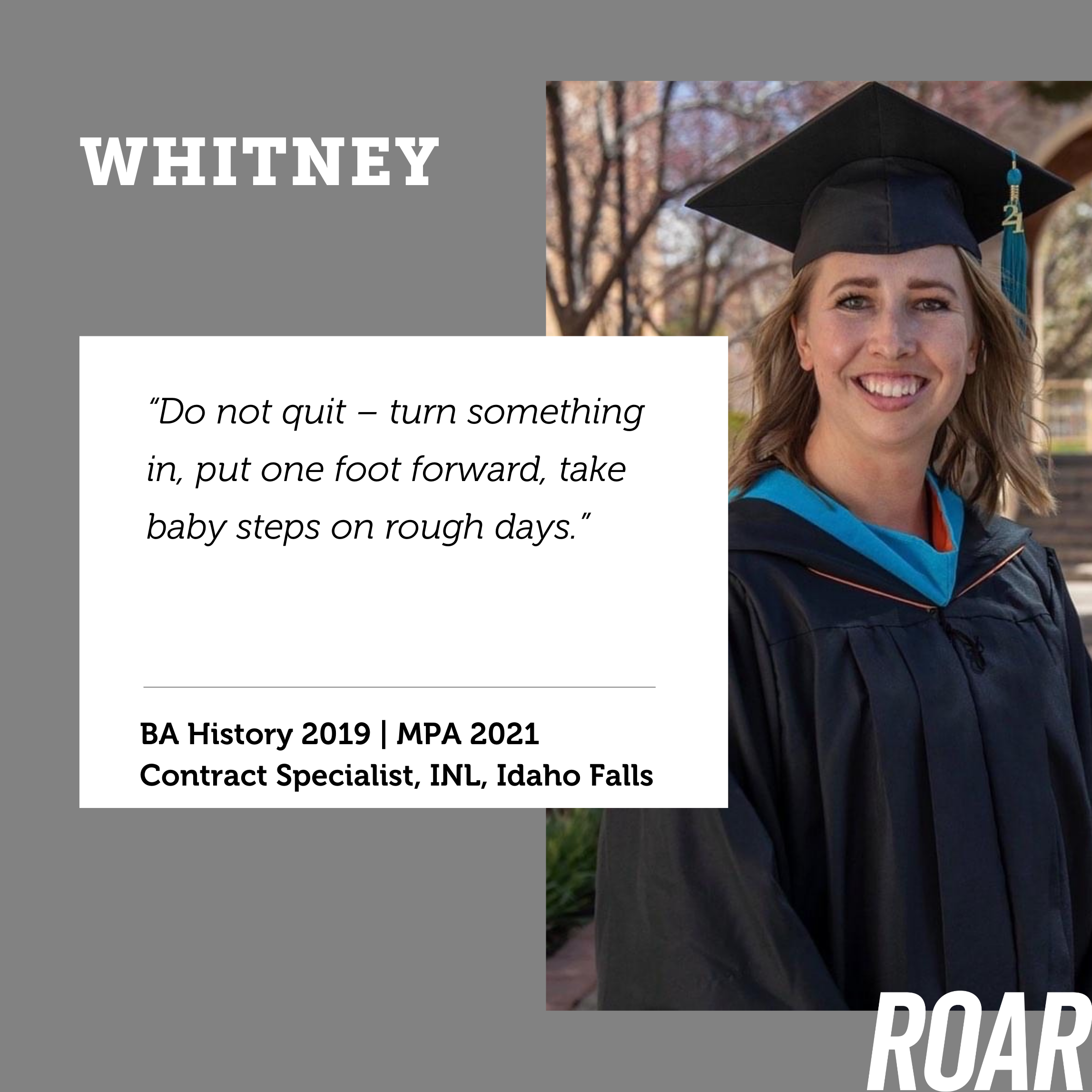 Photo of Whitney in cap and gown. Text says 