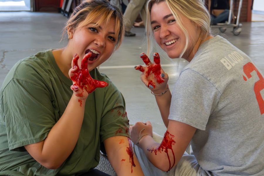 Two young women smile while showing their painted 