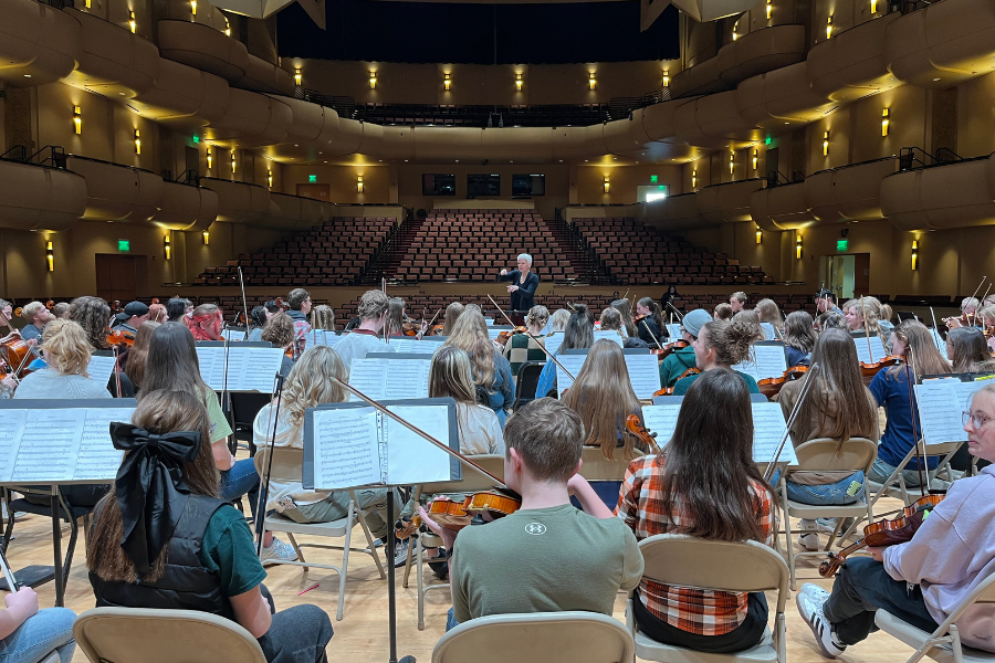 Orchestra rehearsal in a modern concert hall with a conductor leading musicians.