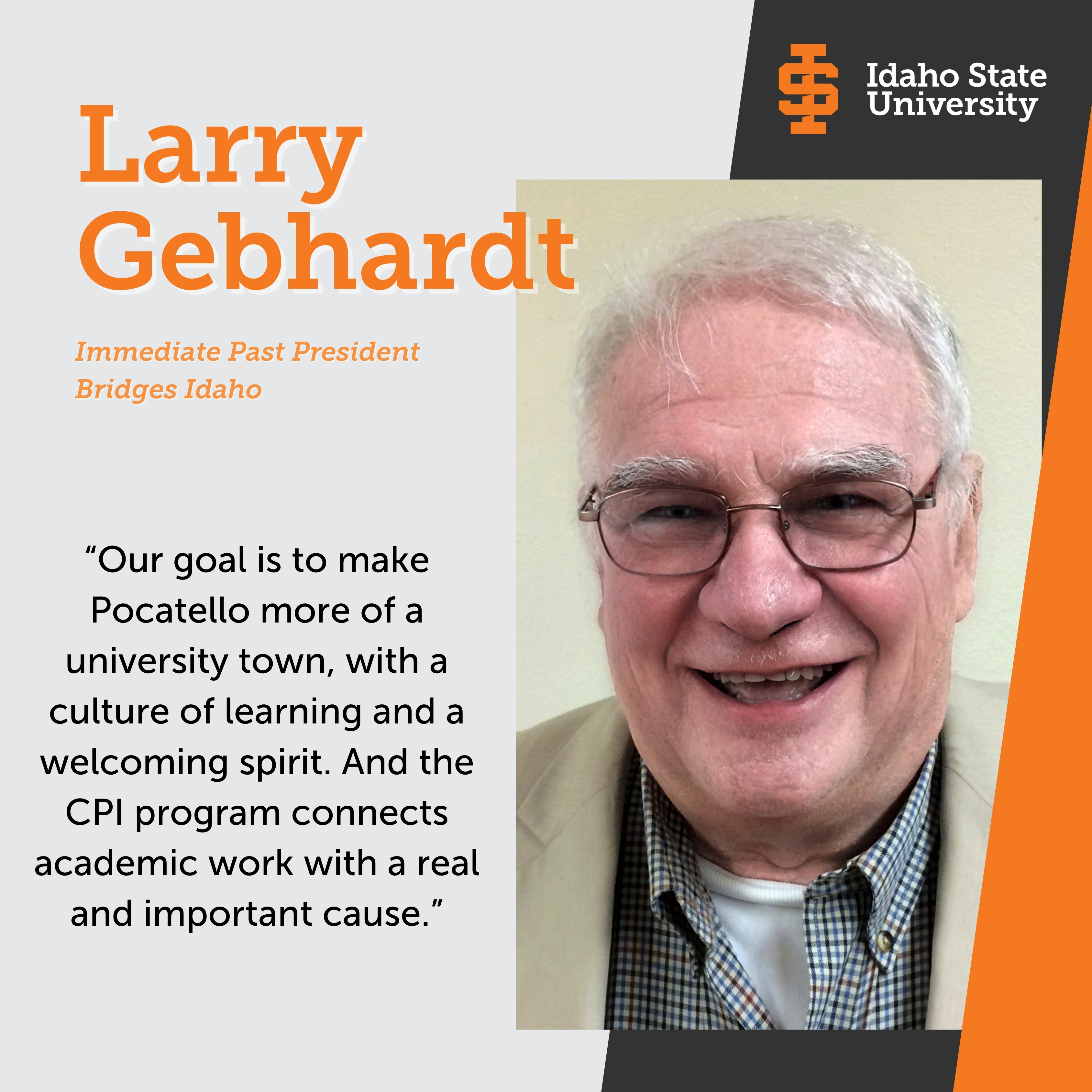 Picture of Larry Gebardt with caption Immediate Past President Bridges Idaho 