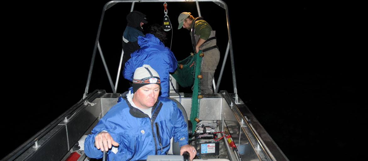 One student driving a fishing boat while two others fish off the back of the boat.