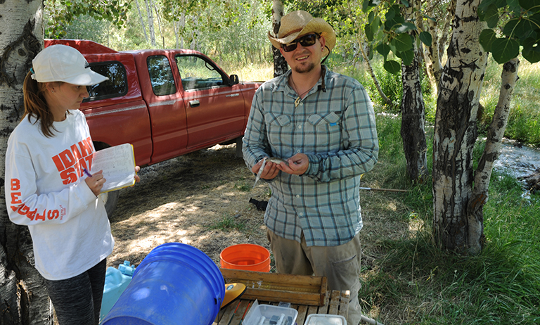 07-19-17 Megan Brauner and Tyson Hallbert tagging cutthroat trout; Sixmile Creek, ID.