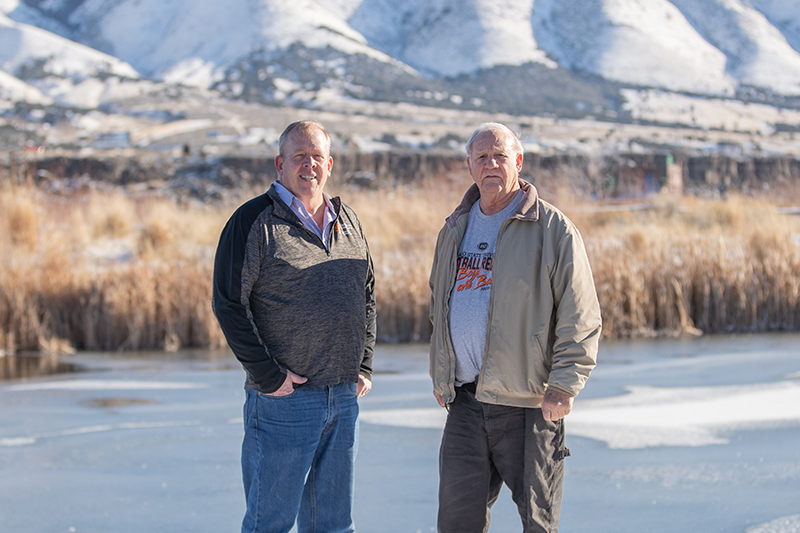 Left, Bruce Savage, professor and chair of the Department of Civil and Environmental Engineering at Idaho State University, and James Mahar, senior lecturer in the Department of Civil and Environmental Engineering, pose for a photo at Pocatello’s Edson Fichter Nature Area.