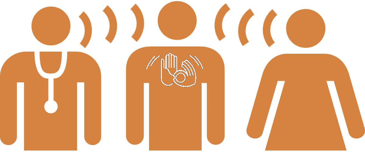 Line drawings in orange of medical professional, interpreter with sign for