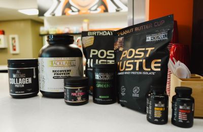 Black Label brand supplements on a countertop at the ISU fueling station