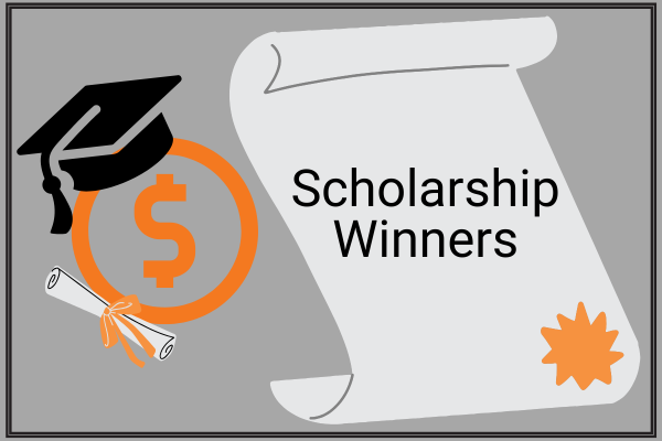 Stock photo with a certificate, graduation cap and dollar sign with the words scholarship winners