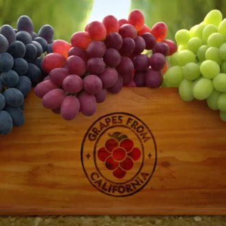 Wooden box overflowing with black, red, and green grapes
