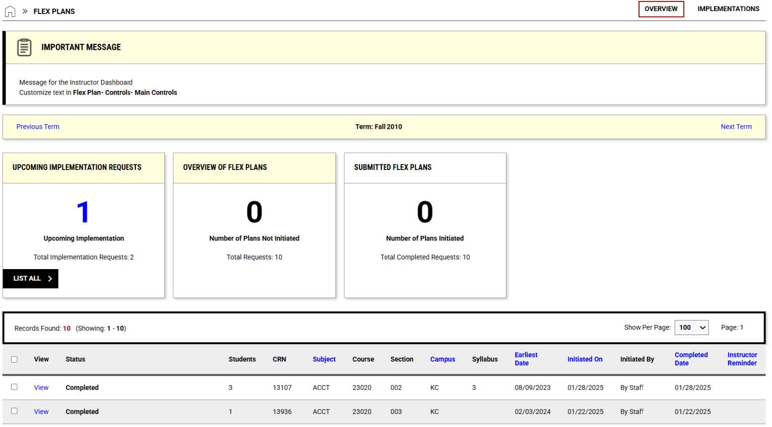 Screen shot of Flex Plan Dashboard