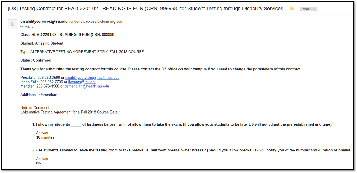 Reviewing testing parameters you established through the email you received containing the testing contract