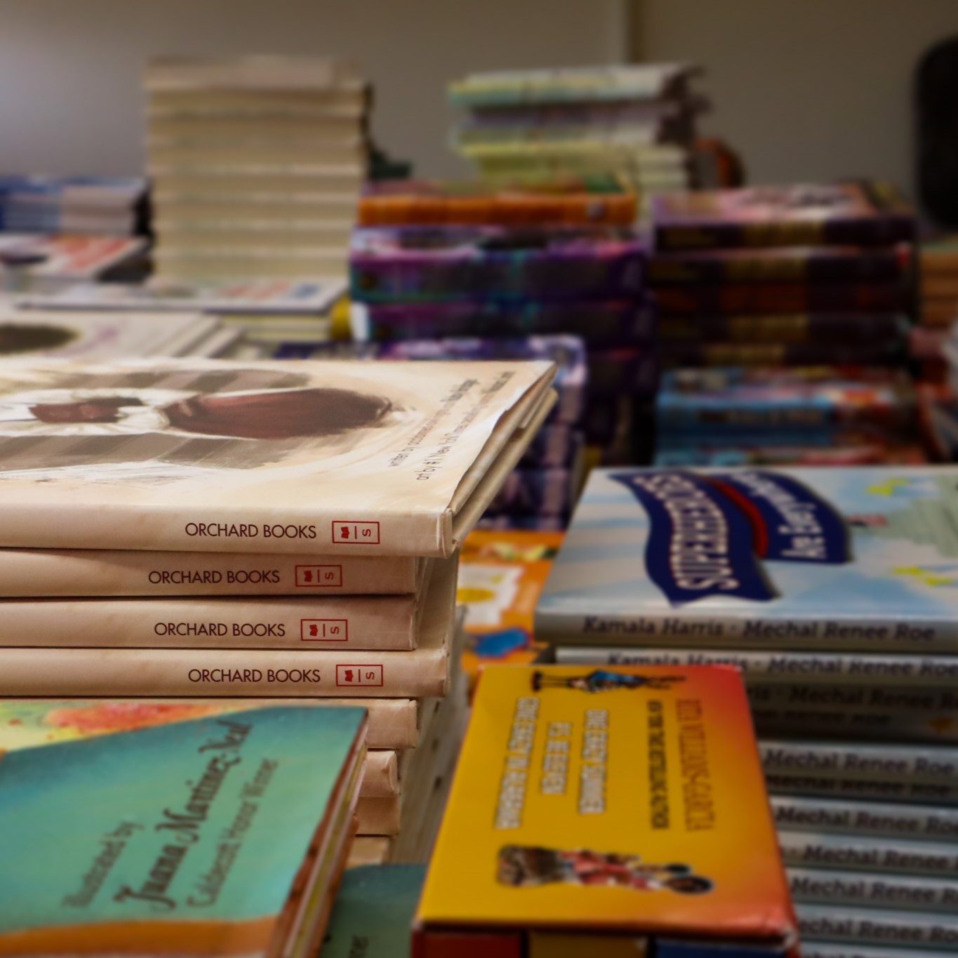 stacks of books donated for the Graduate School book drive