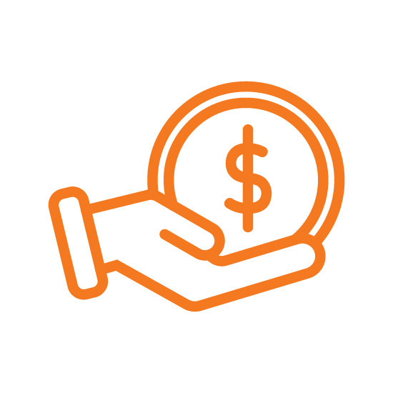 Icon of a hand holding a coin with a dollar symbol, representing grants and financial assistance.