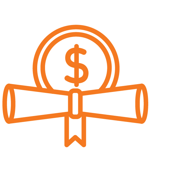 Icon of a diploma with a dollar symbol, representing student loans used to help pay for college.