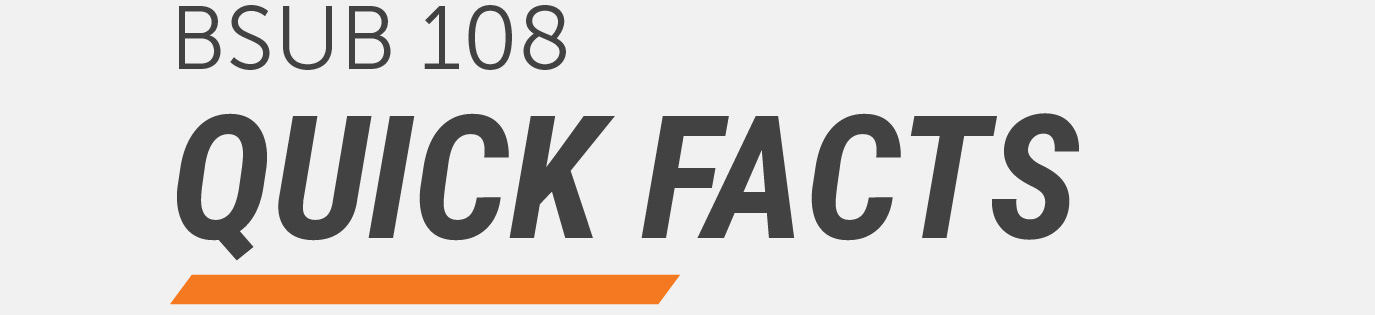 Graphic header reading ‘BSUB 108 Quick Facts’ in bold dark lettering with an orange underline accent on a light gray background.
