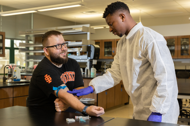 A student searches for a vein in order to perform a blood draw