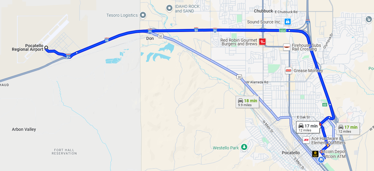 A map showing the directions on how to get from Pocatello Regional Airport to the Idaho Museum of Natural History