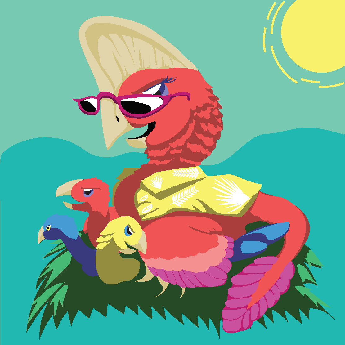 Cartoon of an oviraptor parent with three chicks