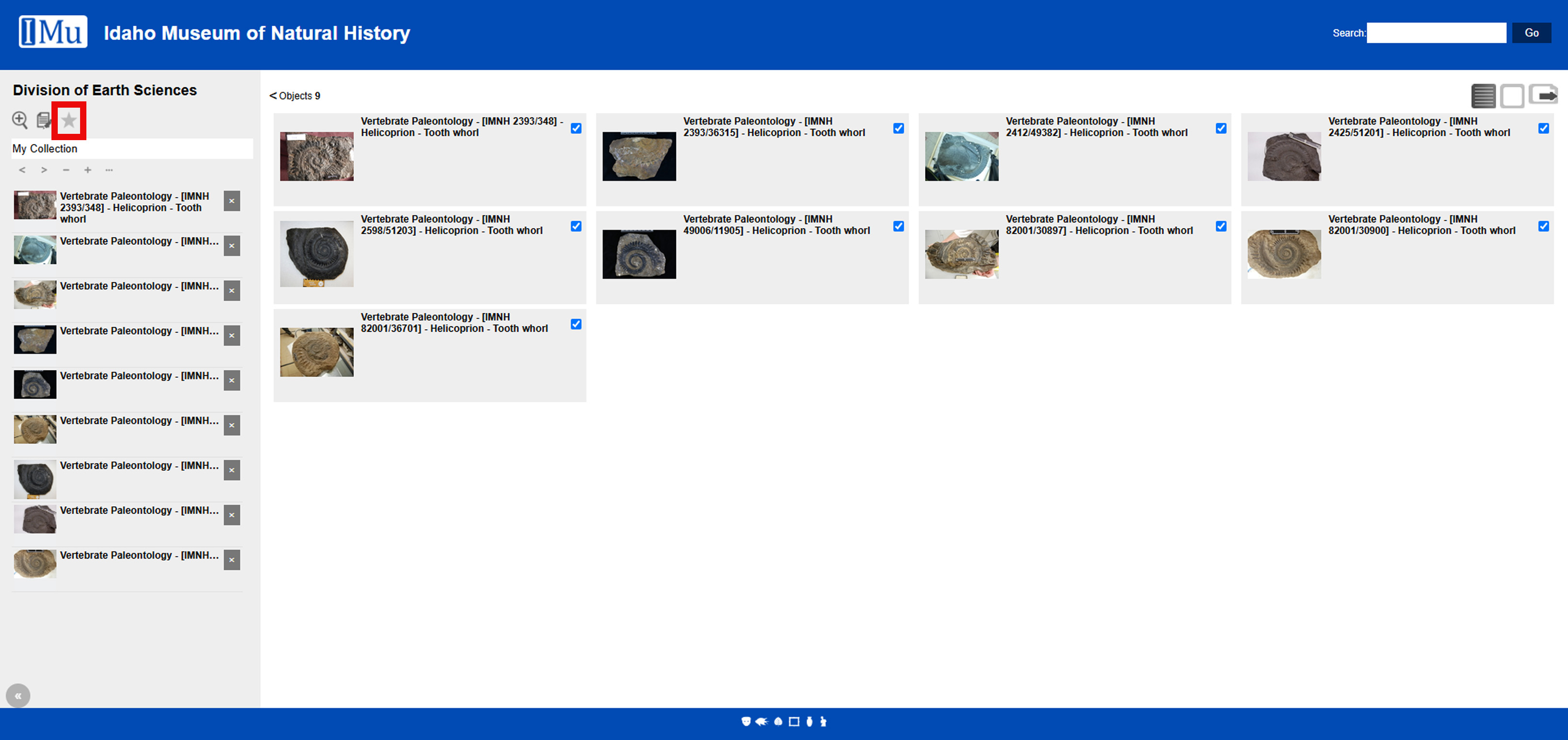 Screenshot of IMu Favorites Page