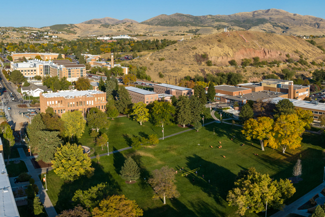 Aerial view of the Quad and lower ISU campus
