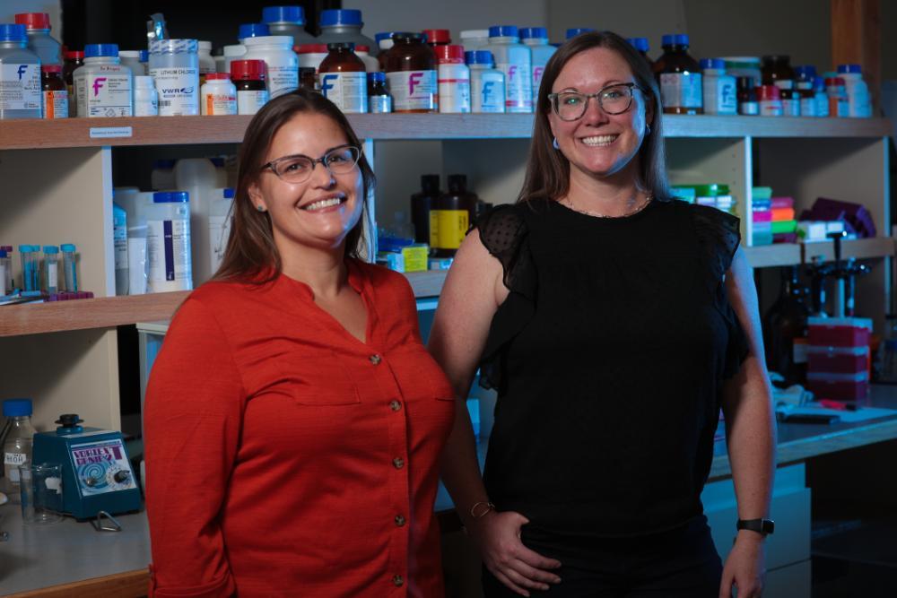 Martin and Anna Grinath pose for a photo in Martin's lab at Idaho State University's Pocatello campus on Wednesday, August 24, 2022. Martin and Grinath received a $1.5 million National Science Foundation grant to provide up to 45 high-achieving, low-income students with two-year scholarships to transfer to Idaho State over the next four years.
