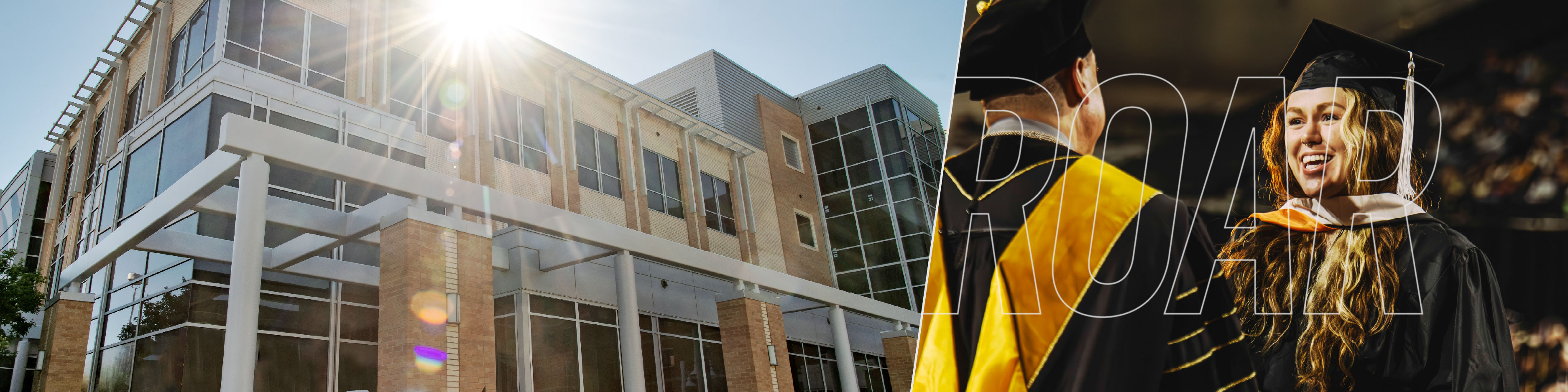 Rendezvous building and a woman receiving her degree at commencement.