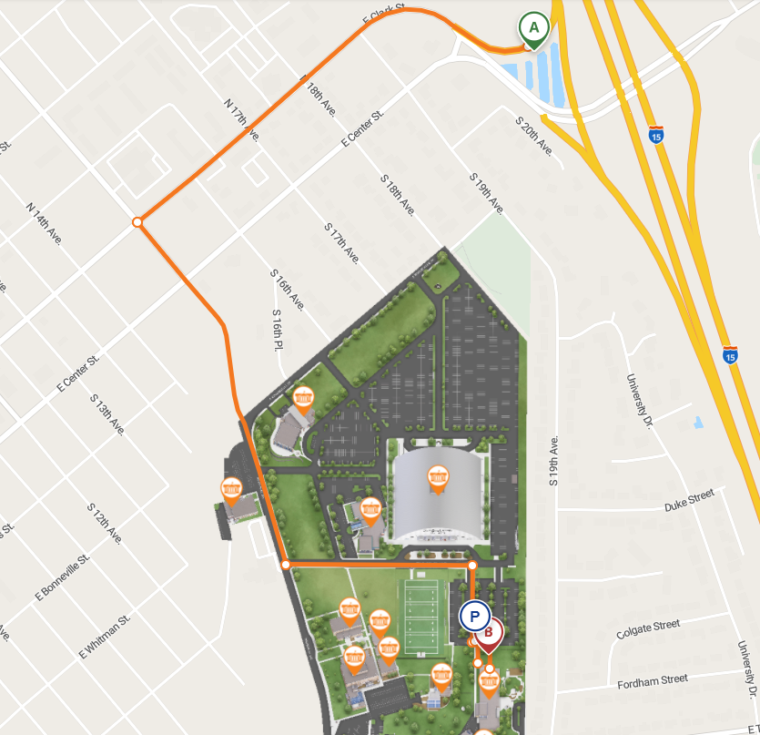 Map showing route from I-15 Clark Street exist to the Testing Center on the ISU Campus.