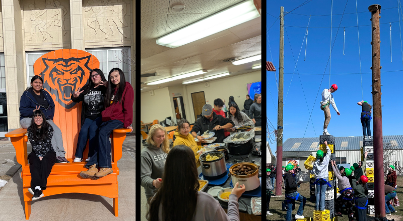This is 3 separate photos, one has students on the giant orange chair at ISU, the second is of friends giving in the TRIO/CAMP space, and the third is of students at a climbing/ropes course.