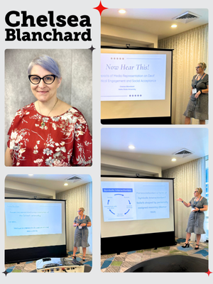 Chelsea Blanchard headshot, and her presenting at the Southern Political Science Association Annual Meeting in San Juan, PR.