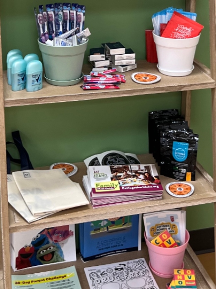 Wellness shelf close up displaying hygiene items.