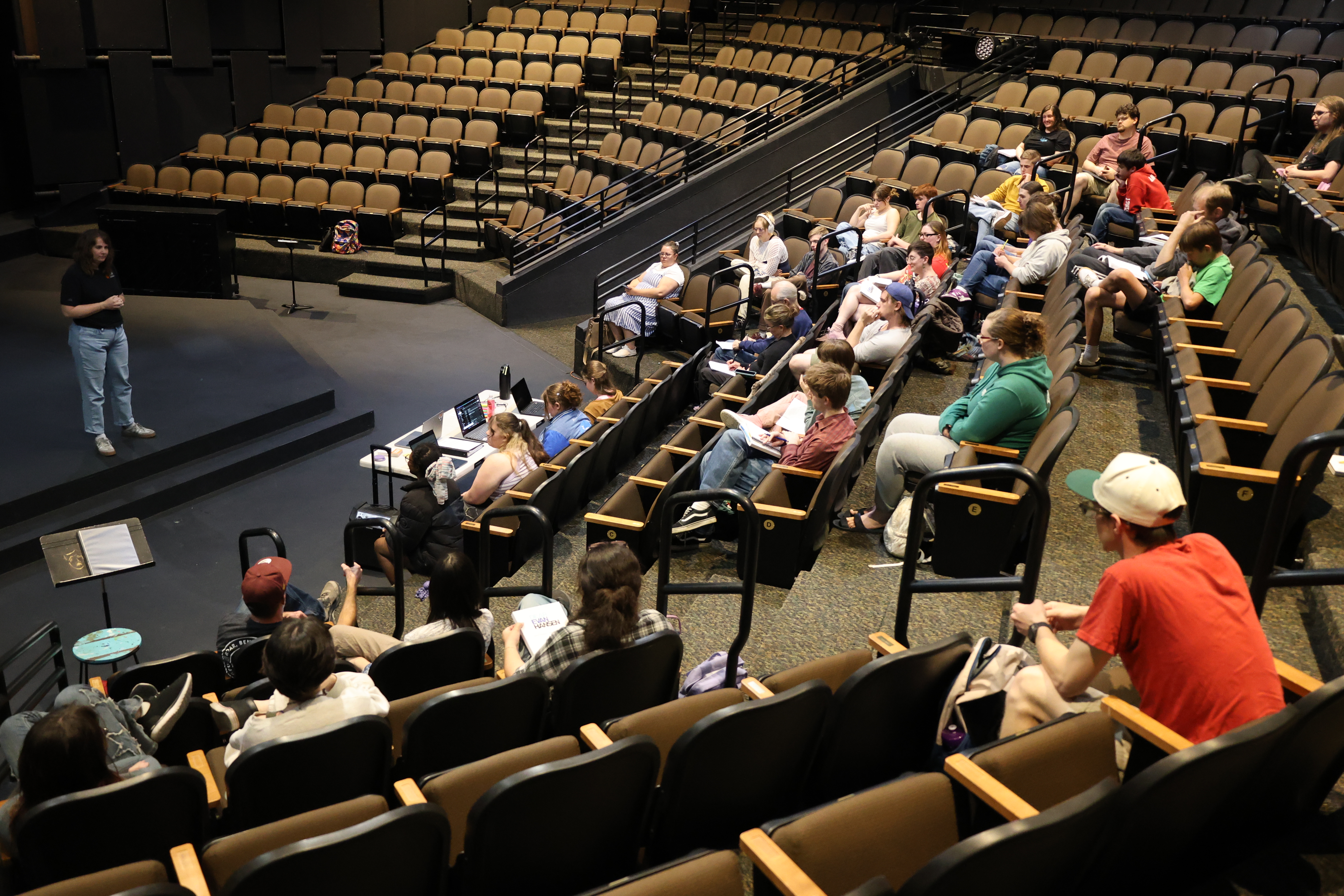 Kira Adams, training coordinator and licensed social worker in the Counseling and Mental Health Center, runs mental health workshop with “Dear Evan Hansen” cast.