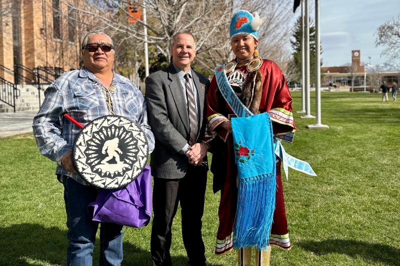 Left to Right: Shoshone-Bannock Tribal Chairman Lee Juan Tendoy, President Robert Wagner, and 2025 Miss Shoshone-Bannock, Dystnee Ropel.