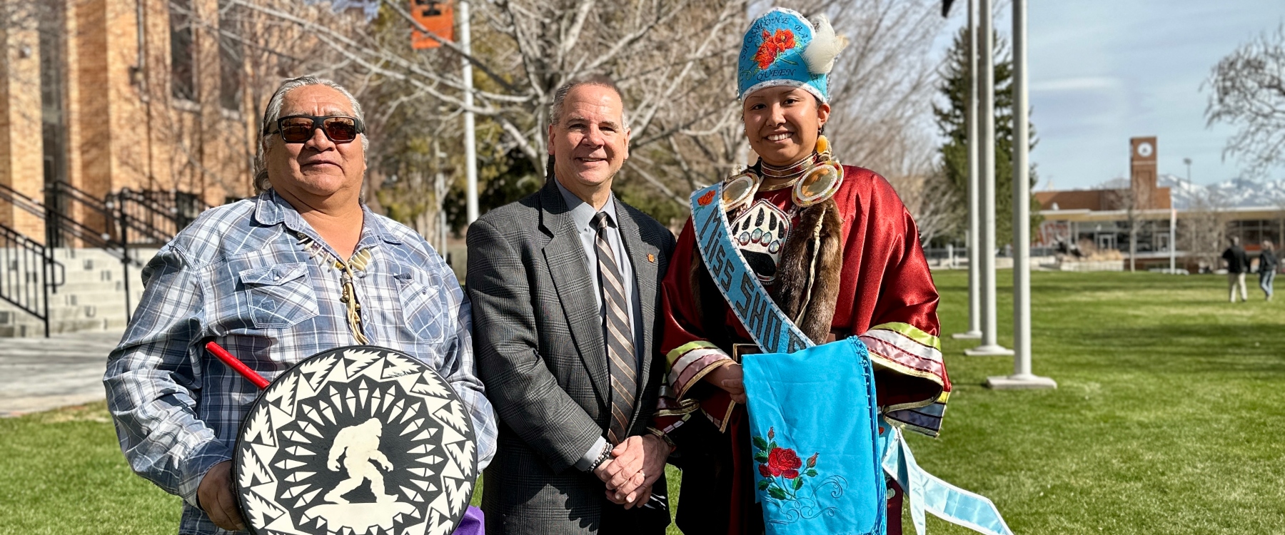 Left to Right: Shoshone-Bannock Tribal Chairman Lee Juan Tendoy, President Robert Wagner, and 2025 Miss Shoshone-Bannock, Dystnee Ropel.