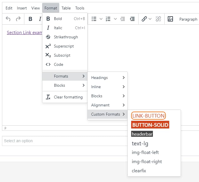 The custom formats menu