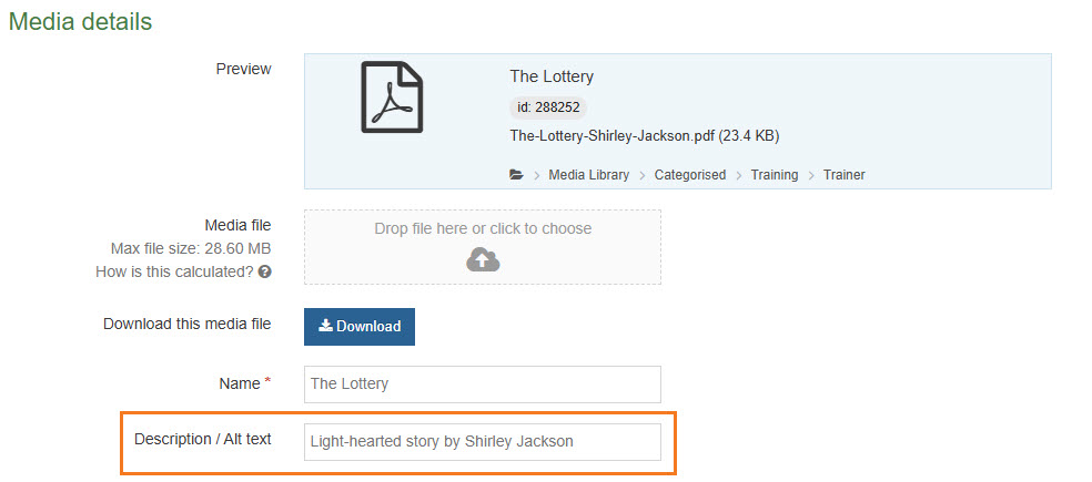 Screenshot of description field in media library